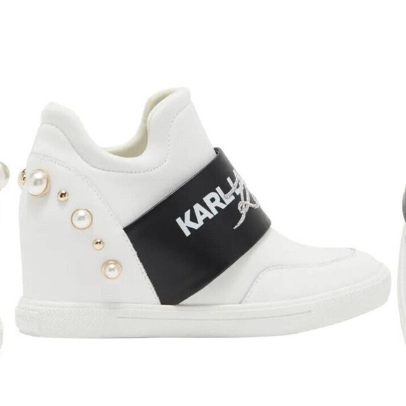 NEW Karl Lagerfeld Paris Charsi High Heel Sneakers Size 8.5M Women’s White Pearl - Picture 1 of 15